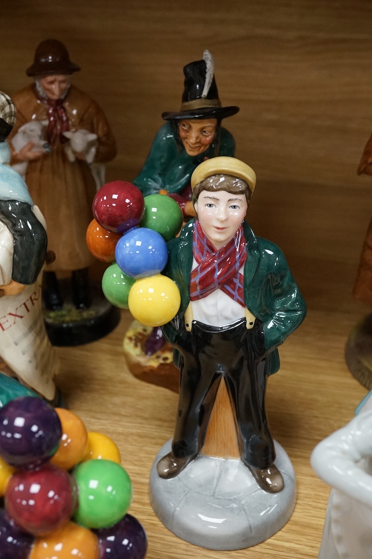 A collection of Royal Doulton figures to include The Old Balloon Seller, Doctor, Votes for Women and The Detective